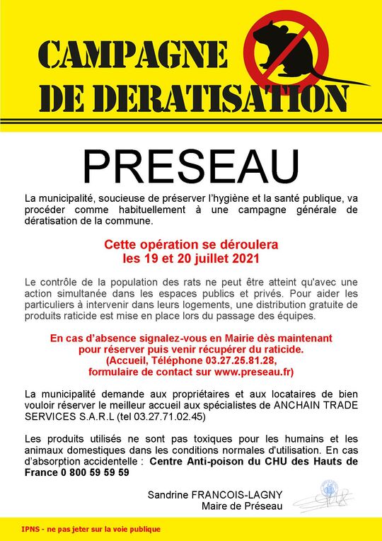 Affiche d'information sur la dératisation des 19 et 20 juillet 2020